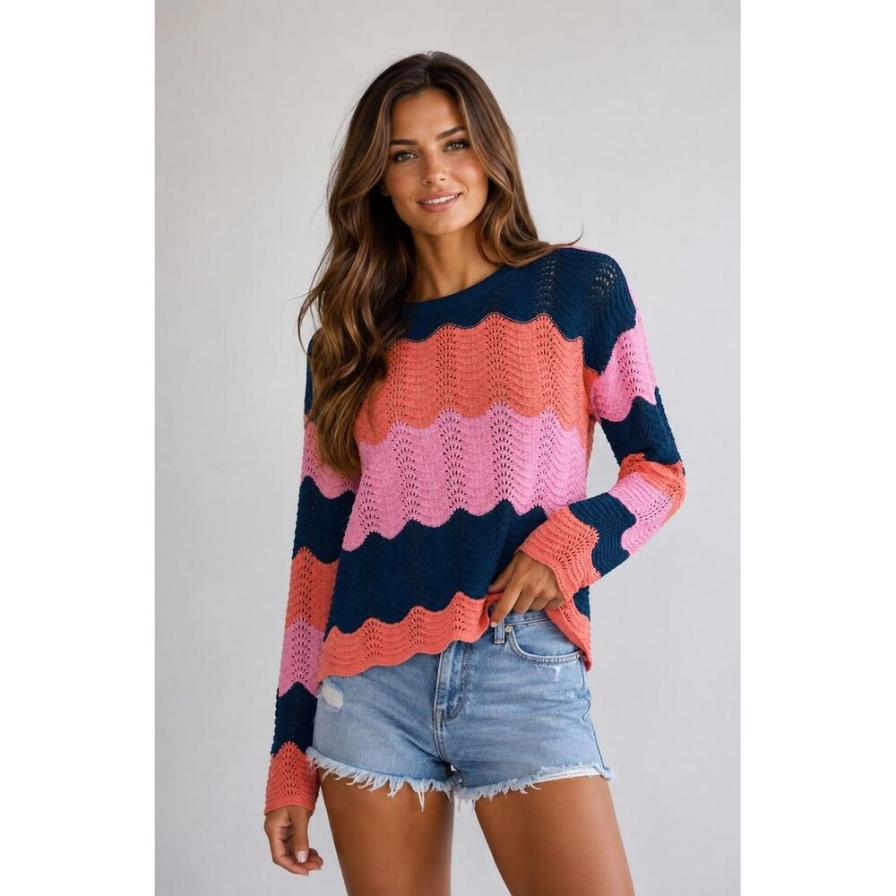 Beach Riot Pointelle Knit Cover Up Sweater Navy Pink Coral Long Sleeve Small